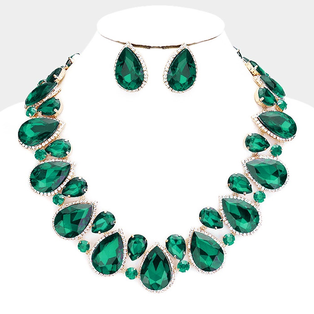 Green & Gold Crystal Rhinestone Teardrop Collar Evening Necklace Statement